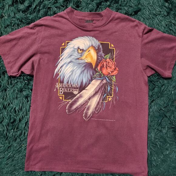 Vintage 1992 American Biker Eagle Rose Tee 3D Emblem Tag Single Stitch 21x28 - Picture 1 of 5